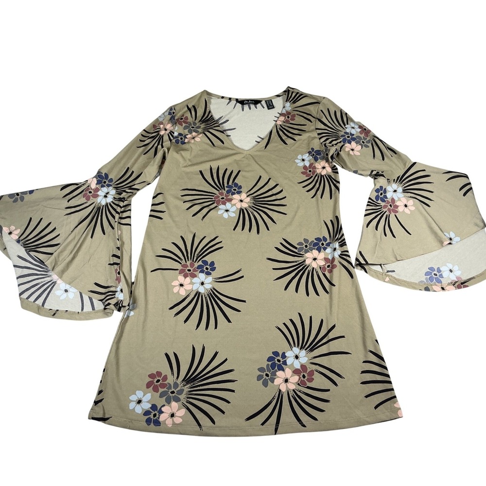 Du Jour Floral Bell Sleeve Tunic Top Women XS Boho V Neck Stretch‎ Blouse